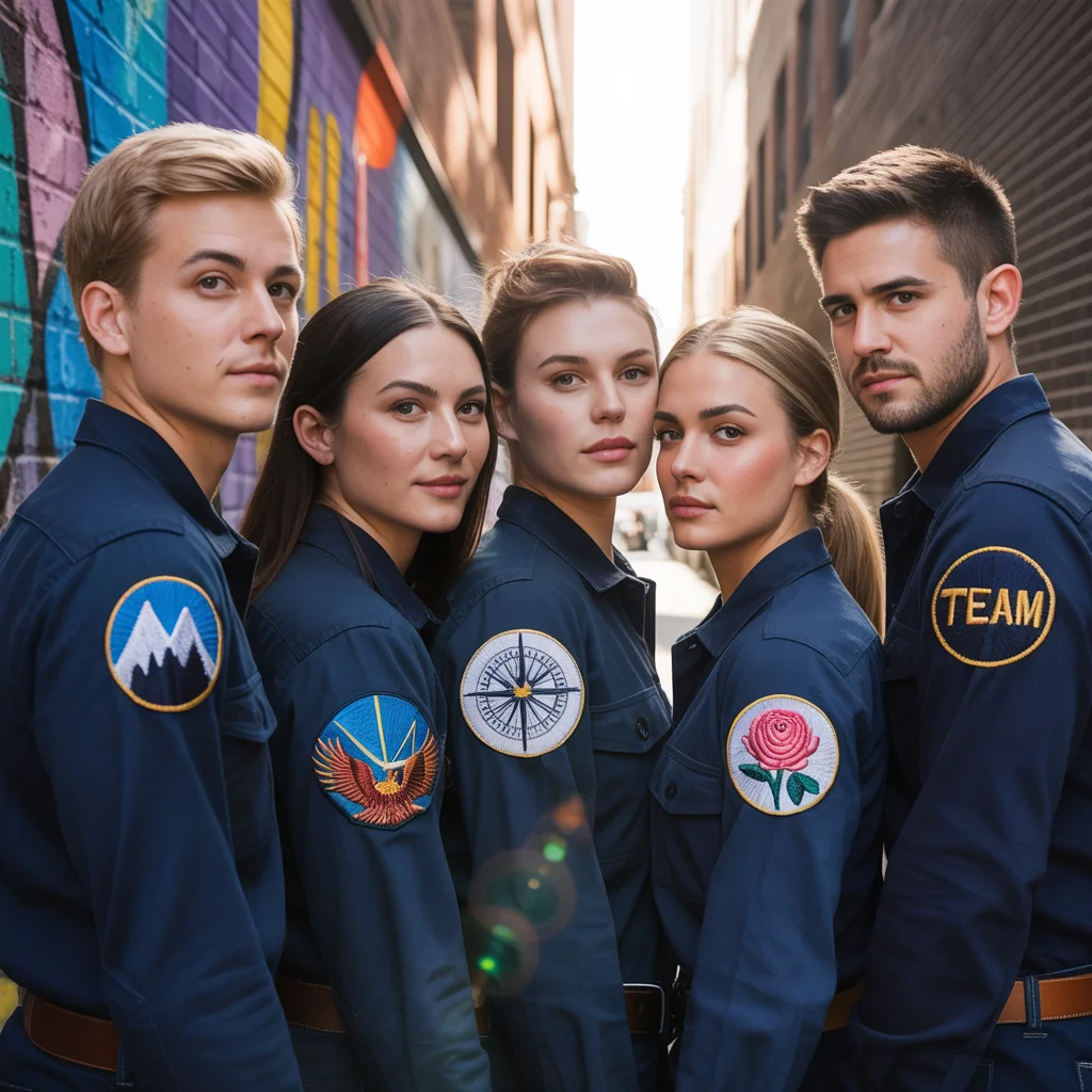 A group of five individuals wearing matching navy blue crew uniforms.